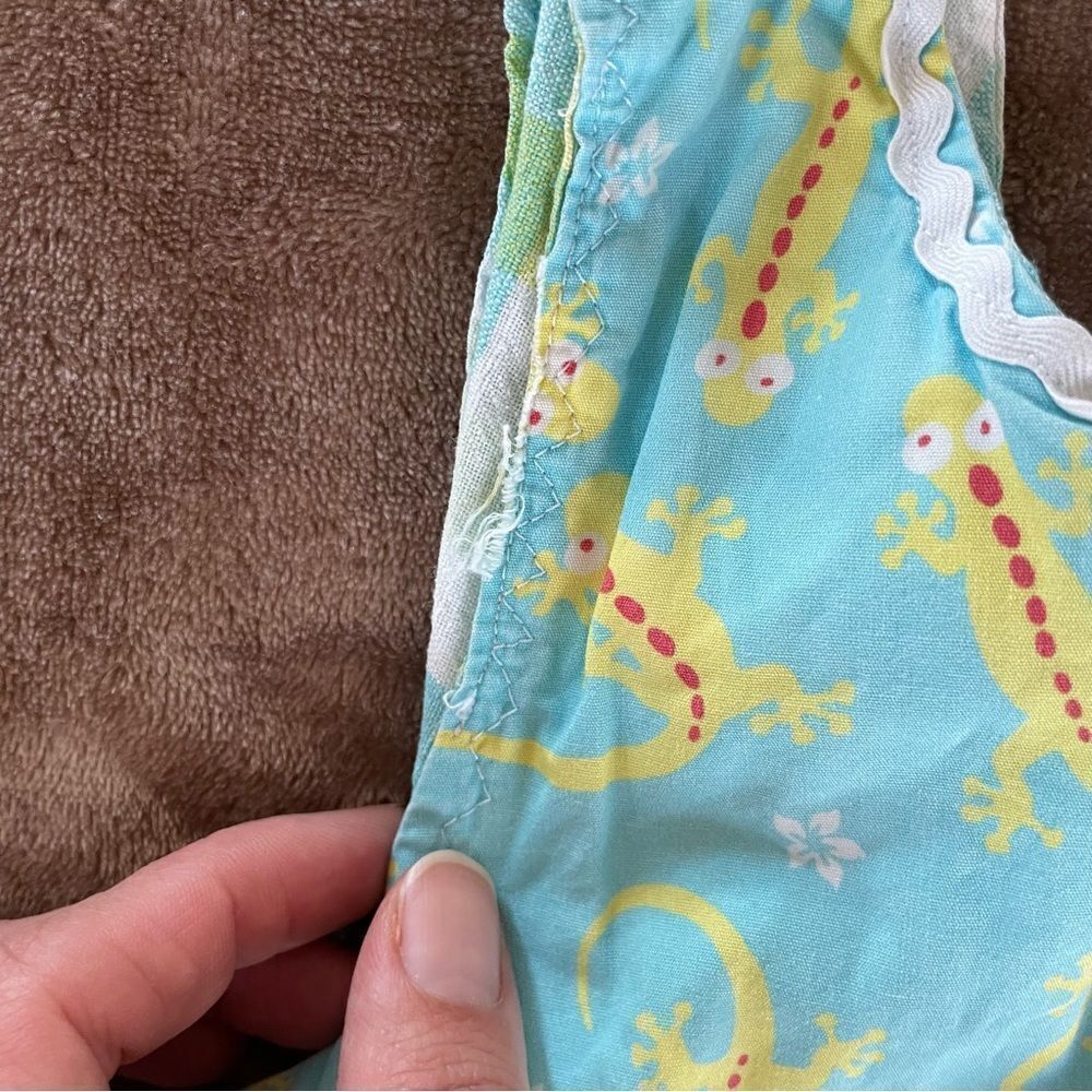 Handmade Little Girls Blue Cotton Crossover Tunic with Yellow Lizard Print Sz4-6 - Picture 3 of 10